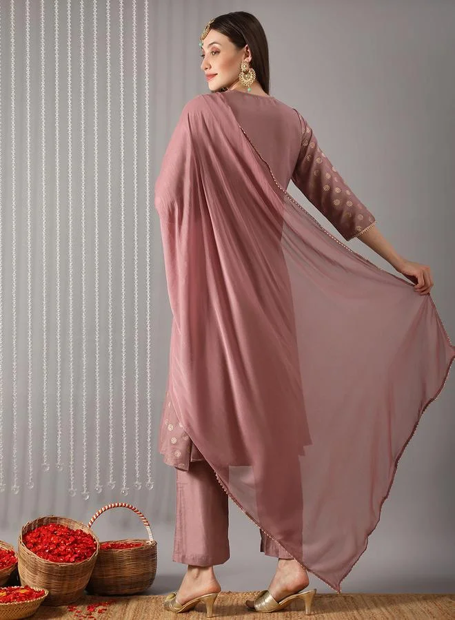 globus Women Lavender V-Neck Embroidered Kurta with Pant and Dupatta Set